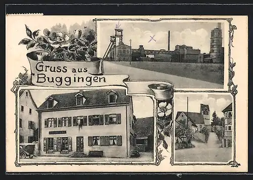 Passepartout-AK Buggingen, Salzbergwerk, Geschäftshaus, Ortspartie