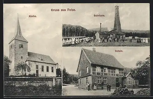 AK Petze, Bohrturm Salzbergwerk mit kleiner Versammlung, Schule und Kirche