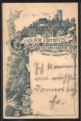 Vorläufer-Lithographie Durlach, 1891, Gasthaus zum Thurmberg auf der Friedrichshöhe