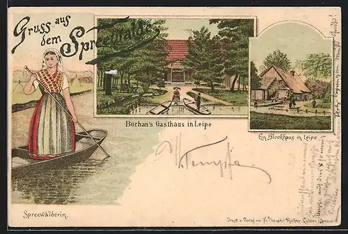 Vorläufer-Lithographie Leipe /Spreewald, 1895, Buchans Gasthaus, Blockhaus, Spreewälderin in Tracht