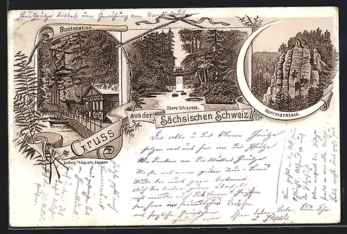 Vorläufer-Lithographie Sebnitz, 1894, Obere Schleuse, Bootstation, Herrmannseck