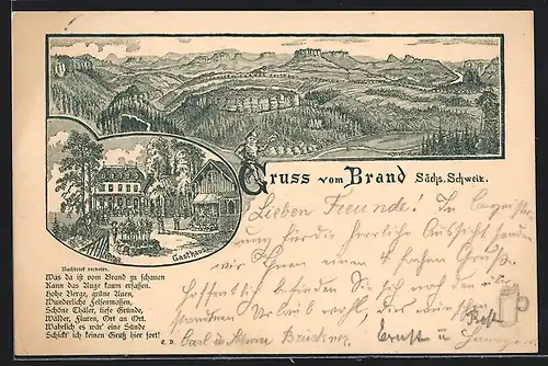 Vorläufer-Lithographie Brand /Sächs. Schweiz, 1894, Gasthaus zum Brand, Landschaft der Sächsischen Schweiz, Zwerg