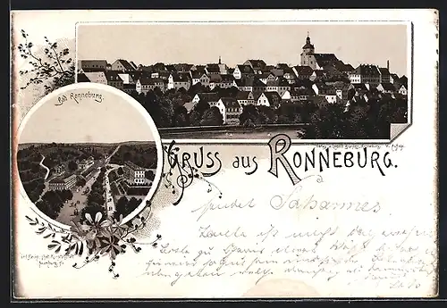 Vorläufer-Lithographie Ronneburg, 1894, Strassenpartie aus der Vogelschau, Ortsansicht