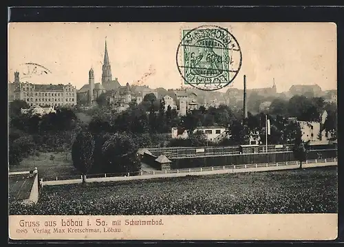 AK Löbau i. Sa., Teilansicht mit Schwimmbad