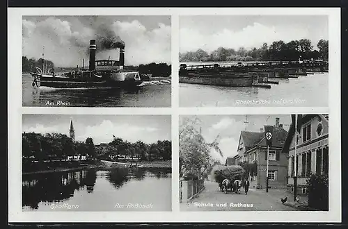 AK Greffern, Am Rhein, Rheinbrücke, Am Rossbach, Schule & Rathaus mit 