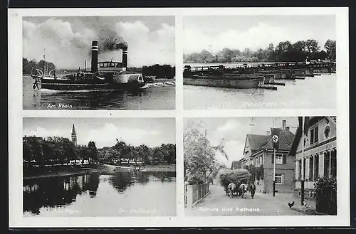 AK Greffern, Am Rhein, Rheinbrücke, Am Rossbach, Schule & Rathaus mit 