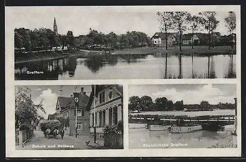 AK Greffern, Schule und Rathaus, Rheinbrücke, Uferpartie