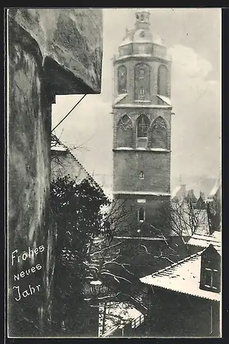 AK Meissen, Frauenkirche im Schnee, Neujahrsgruss