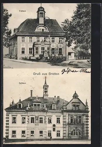 AK Bretten, Postamt, Rathaus