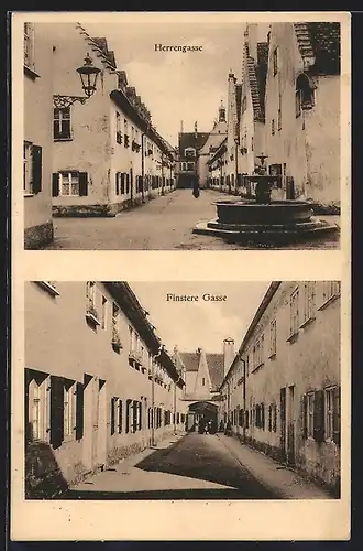 AK Augsburg, Die Fuggerei der Bürger Georg, Ulrich und Jakob Fugger, Strassen Herrengasse mit Brunnen und Finstere Gasse