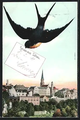 AK Gotha, Totalansicht und Schwalbe mit Nachricht