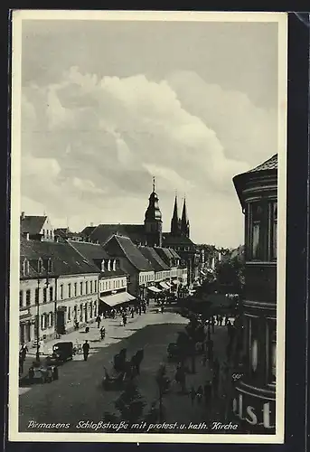 AK Pirmasens, Schlossstrasse mit protest. & kath. Kirche