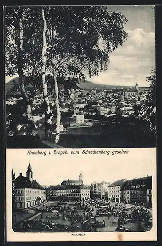 AK Annaberg i. Erzgeb., Marktplatz mit Geschäften, Teilansicht vom Schreckenberg gesehen