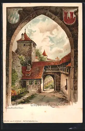 Lithographie Rothenburg, Inneres Kobolzellertor mit Wappen