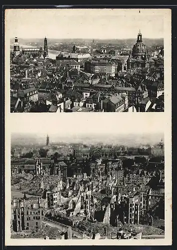 AK Dresden, Blick vom Rathausturm vor und nach der Zerstörung