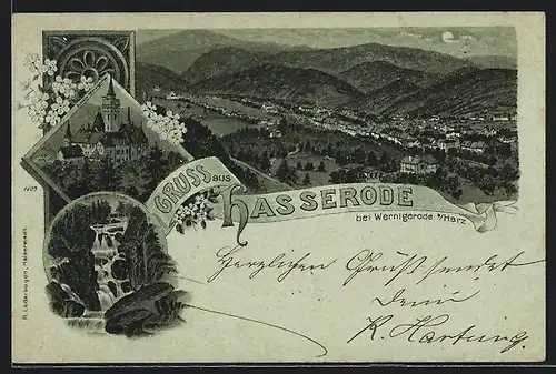 Mondschein-Lithographie Hasserode, Schloss Wernigerode, Wasserfall, Gesamtansicht