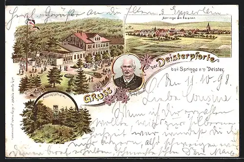 Lithographie Deisterpforte bei Springe, Hotel und Pensions-Haus, Aussichtsturm, Portrait Onkel Bauer