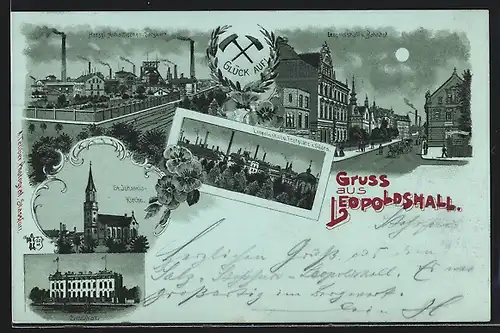 Mondschein-Lithographie Leopoldshall, Salzwerk, Sindikat, Ortspartie vom Bahnhof