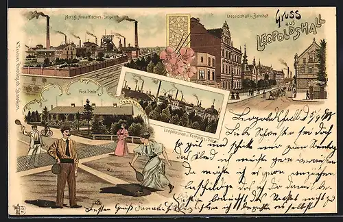 Lithographie Leopoldshall, Herzoglich Anhaltisches Salzwerk, Fest-Halle, Teilansicht und Festplatz von Süden