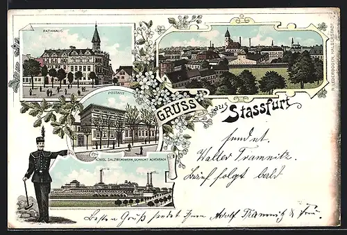 Lithographie Stassfurt, Salzbergwerk, Bergmann, Teilansicht aus der Vogelschau