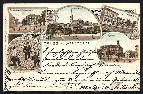 Lithographie Stassfurt, Salzbergwerk mit Steinhauern, Louisenplatz und Fürstenstrasse, Post