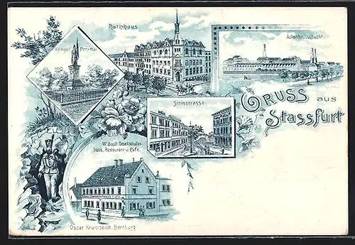 Lithographie Stassfurt, Achenbachschacht, Restaurant W. Bach, Steinstrasse