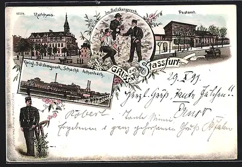 Lithographie Stassfurt, Im Salzbergwerk, Schacht Achenbach, Bergmann, Postamt