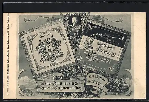 Künstler-AK Hattorf /Harz, Fahne des Bergmannvereins, Fahnenweihe 1912, Portrait Wilhelm II.