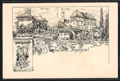 Lithographie Talheim, Oberes und unteres Schloss