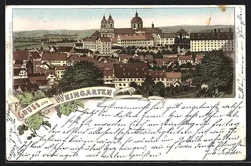 Lithographie Weingarten, Ortsansicht über die Dächer mit Bergen