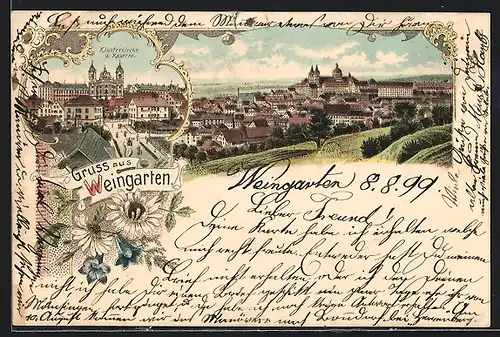 Lithographie Weingarten, Klosterkirche und Kaserne, Ortsansicht von oben
