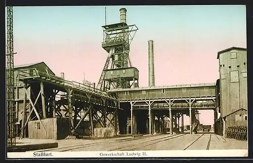AK Stassfurt, Salzbergwerk Glückauf, Gewerkschaft Ludwig II., Bahnschienen und Förderturm