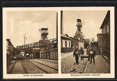 AK Stassfurt, Schacht Ludwig II., Brücke mit Kettenbahn, Rettungsmannschaften