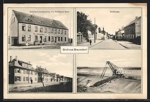 AK Braunsdorf /Braunsbedra, Materialwarenhandlung von Ferdinadn Birke, Dorfstrasse, Kohle-Grube