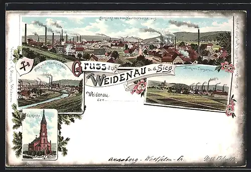 Lithographie Weidenau a. d. Sieg, Teilansicht von dem Haardterberge aus, Blick v. d. Schlackenhalde, Evangelische Kirche