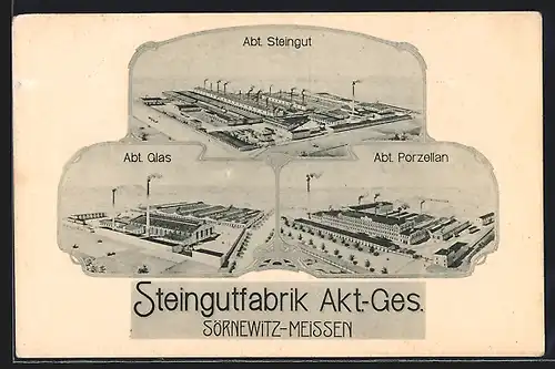 Künstler-AK Sörnewitz / Meissen, Steingutfabrik Akt-Ges., Abt. Steingut, Abt. Glas u. Abt. Porzellan