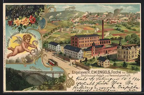 Lithographie Foche bei Solingen, Engelswerk C. W. Engels Stahlwarenfabrik & Versandgeschäft, Kaiser Wilhelm Brücke