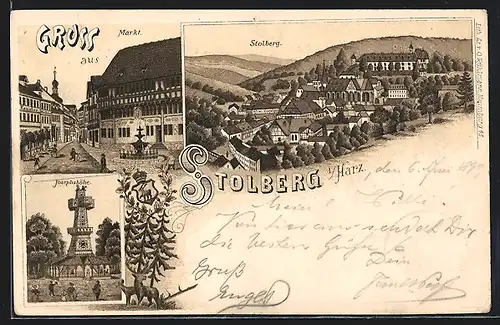 Lithographie Stolberg i. Harz, Markt mit Geschäften, Josephshöhe, Teilansicht