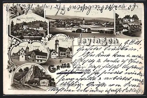 Lithographie Hayingen, Rathaus und Bildhauerei, Schloss Ehrenfels, Stadt-Kirche