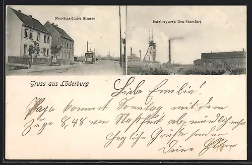 AK Löderburg, Salzbergwerk, Neu-Stassfurter Strasse mit Strassenbahn