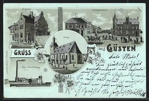 Mondschein-Lithographie Güsten, Neue Schacht-Anlage, Bahnhofstrasse, Diakonat