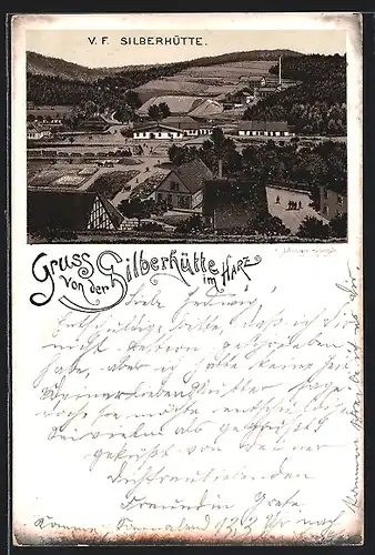 Lithographie Silberhütte im Harz, Ortsansicht mit Fachwerkhaus