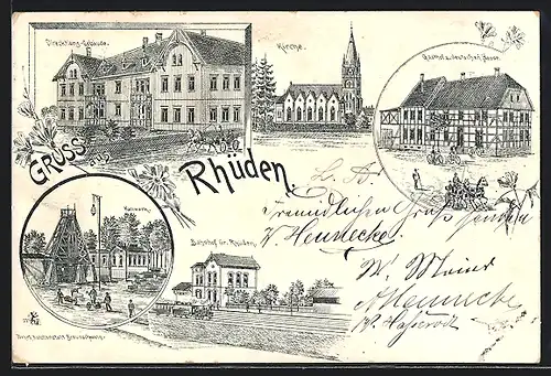 Lithographie Rhüden, Am Kaliwerk, Direcktions-Gebäude und Kirche