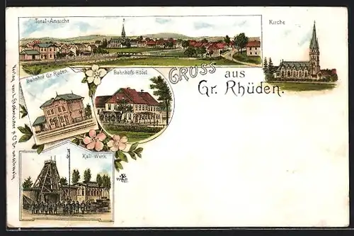 Lithographie Gr. Rhüden, Blick auf Bahnhofs-Hotel, Kali-Werke, Kirche