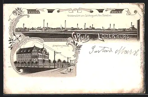 Lithographie Löderburg, Blick auf Directionsgebäude, Ansicht vom Salzbergwerk Neu-Stahsfurt