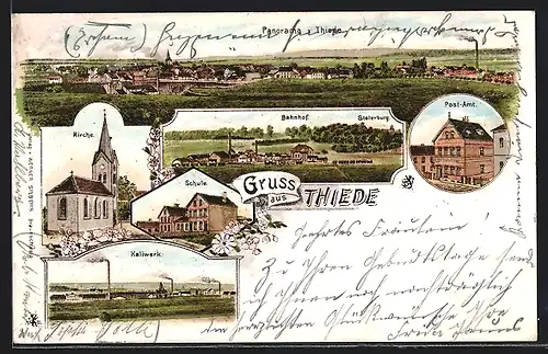 Lithographie Thiede, Kaliwerk, Bahnhof und Kirche