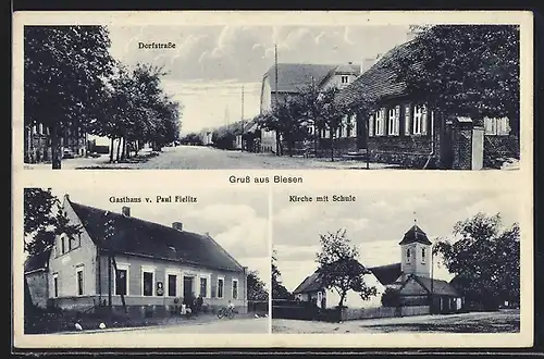 AK Biesen, Gasthaus v. Paul Fielitz und Blick in die Dorfstrasse