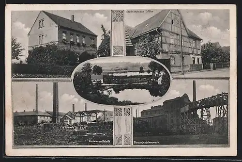 AK Haselbach /S.-A., Geschäftshaus Löffler, Tonwarenfabrik, Braunkohlenwerk