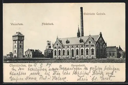 AK Obernkirchen, Georgschacht, Elektrische Centrale mit Förderkorb und Wasserturm, Kohlebergbau