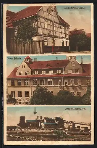 AK Haselbach /S.-A., Geschäftshaus Löffler, Braunkohlenwerk, Neue Schule